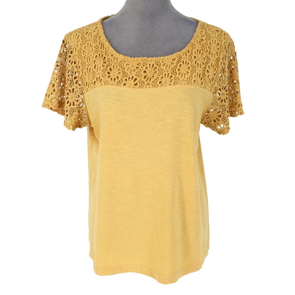 Coldwater Creek Top Petites MP PM Gold Cotton Knit Lace Yoke T-shirt Blouse
